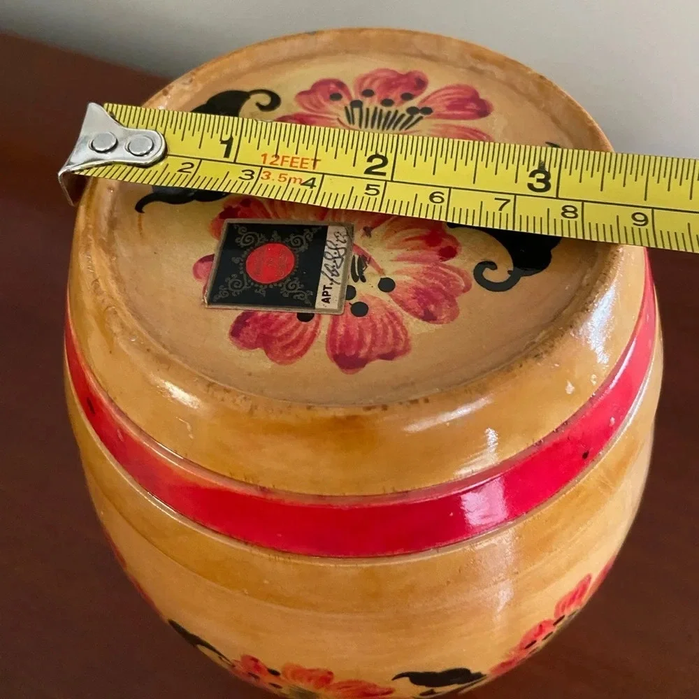 🖤 Vintage Hand Carved & Hand painted Floral Wooden BARREL CANISTER Bank USSR